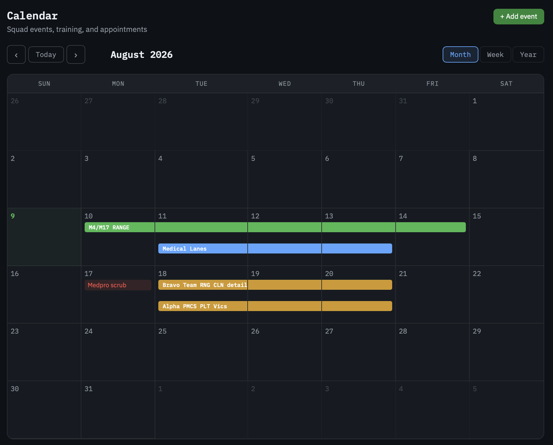 Squad calendar month view with multi-day training events and details
