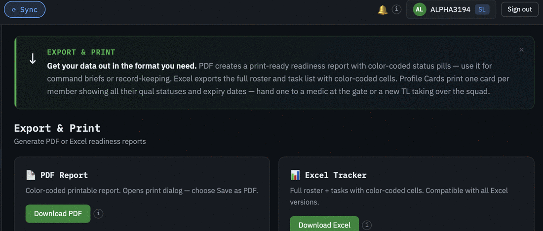 Export and print options: color-coded PDF readiness report and Excel tracker